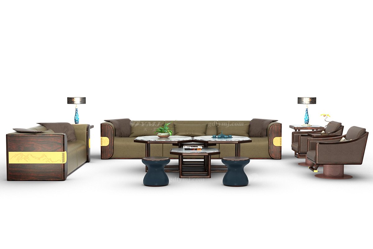 高端時尚新中式輕奢品牌家具黑酸枝木意大利真皮單位沙發單位沙發H-PWXXY組合