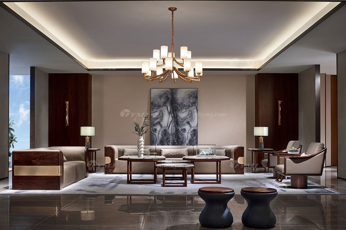 高端時尚新中式輕奢品牌家具黑酸枝木意大利真皮單位沙發單位沙發H-PWXXY場景