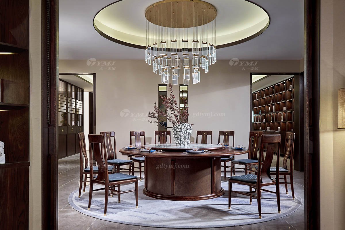 高端會所家具品牌新中式輕奢黑酸枝實木+天然大理石圓餐桌圓餐臺H-PDCT23場景