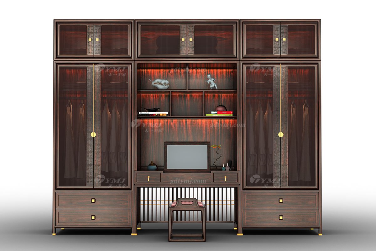 高端會所家具品牌新中式輕奢黑酸枝實木配金屬裝飾梳妝臺梳妝臺H-PYSHT組合