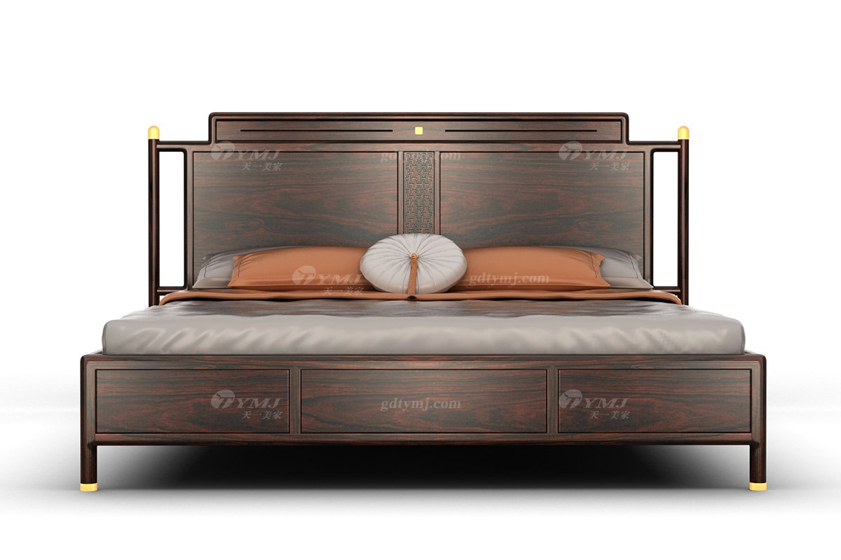 新中式家具品牌優雅高端時尚黑酸枝全紅木配黃銅金屬大床