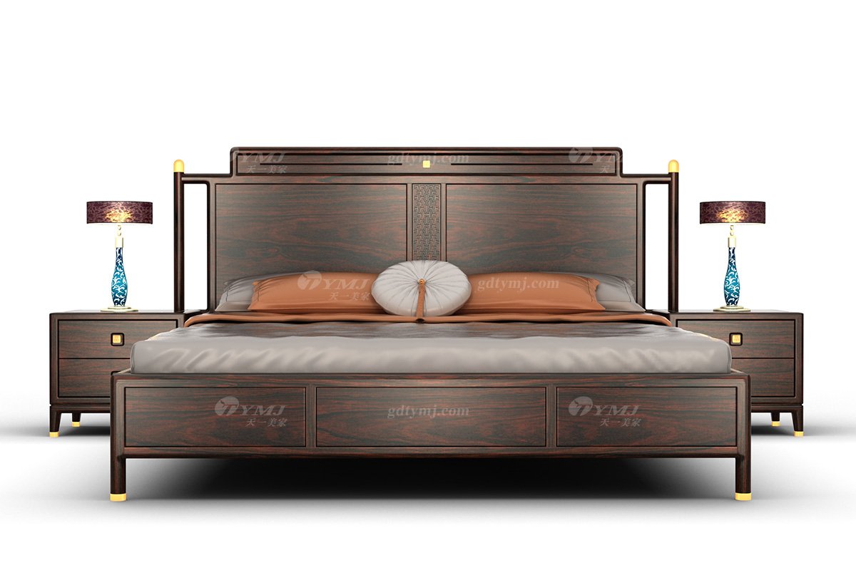 新中式家具品牌優雅高端時尚黑酸枝全紅木配黃銅金屬大床床H-PDC21組合