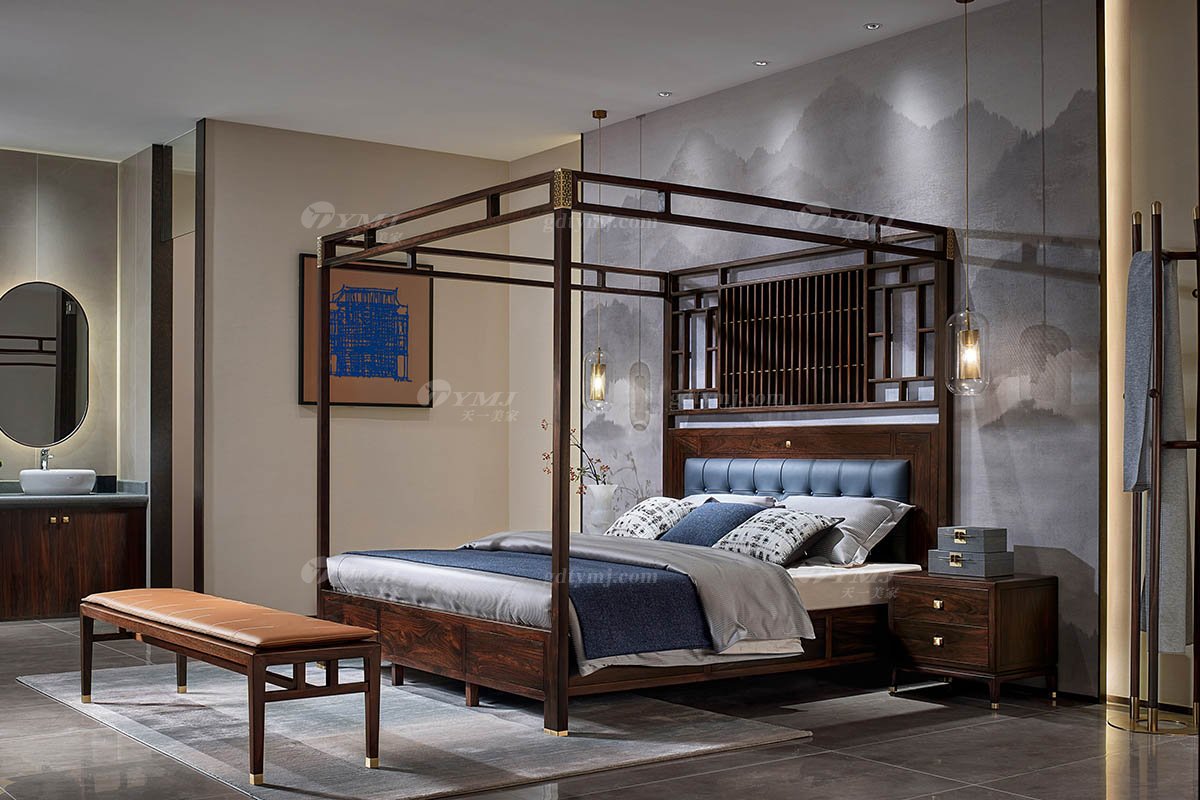 高端會(huì)所別墅家用家具時(shí)尚新中式輕奢全紅木黑酸枝實(shí)木架子床架子床H-PWC19場(chǎng)景
