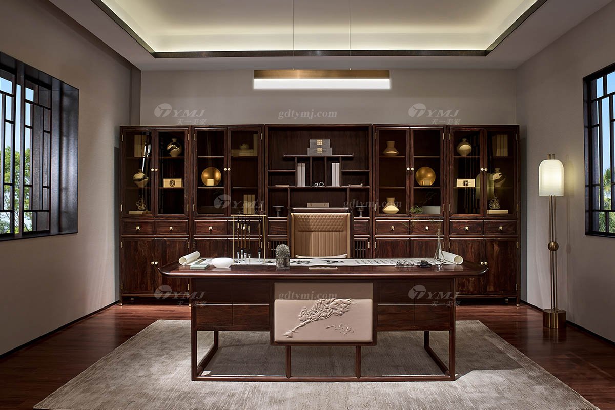 高端會(huì)所別墅家用家具時(shí)尚新中式輕奢全紅木黑酸枝木配暖光線燈書柜書柜H-PDSGM場(chǎng)景