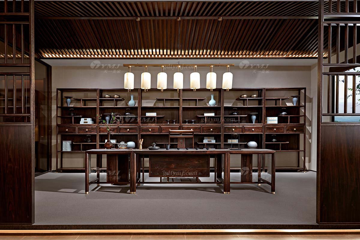 高端大氣會所別墅家用家具時尚新中式輕奢全紅木黑酸枝實木博古架博古架H-PDBGJR/ H-PDBGJL場景