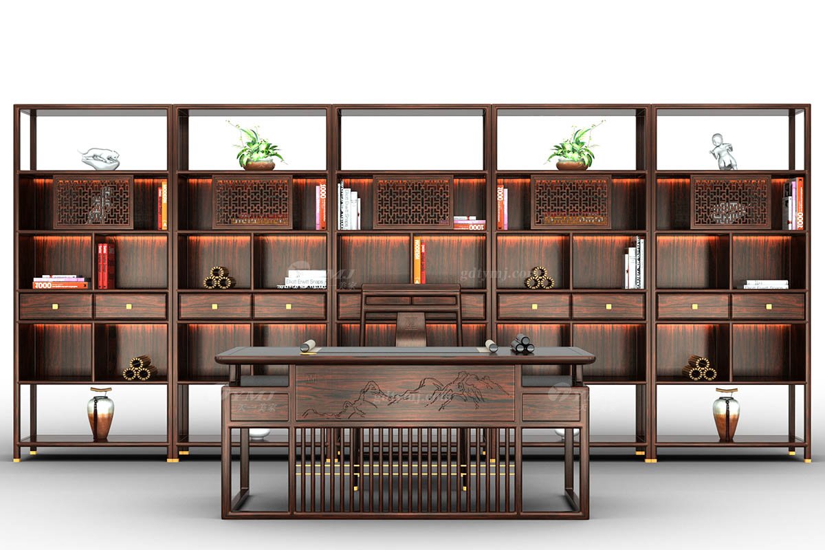 新中式高端會所別墅家用家具經典輕奢全紅木黑酸枝實木書臺書臺H-PDST組合