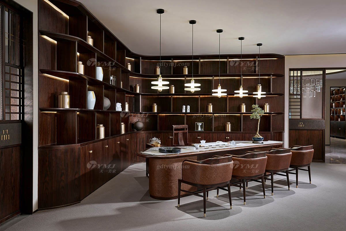 新中式高端會所別墅家用家具時尚輕奢全紅木黑酸枝實木+烏金石茶臺茶臺H-PGCT場景