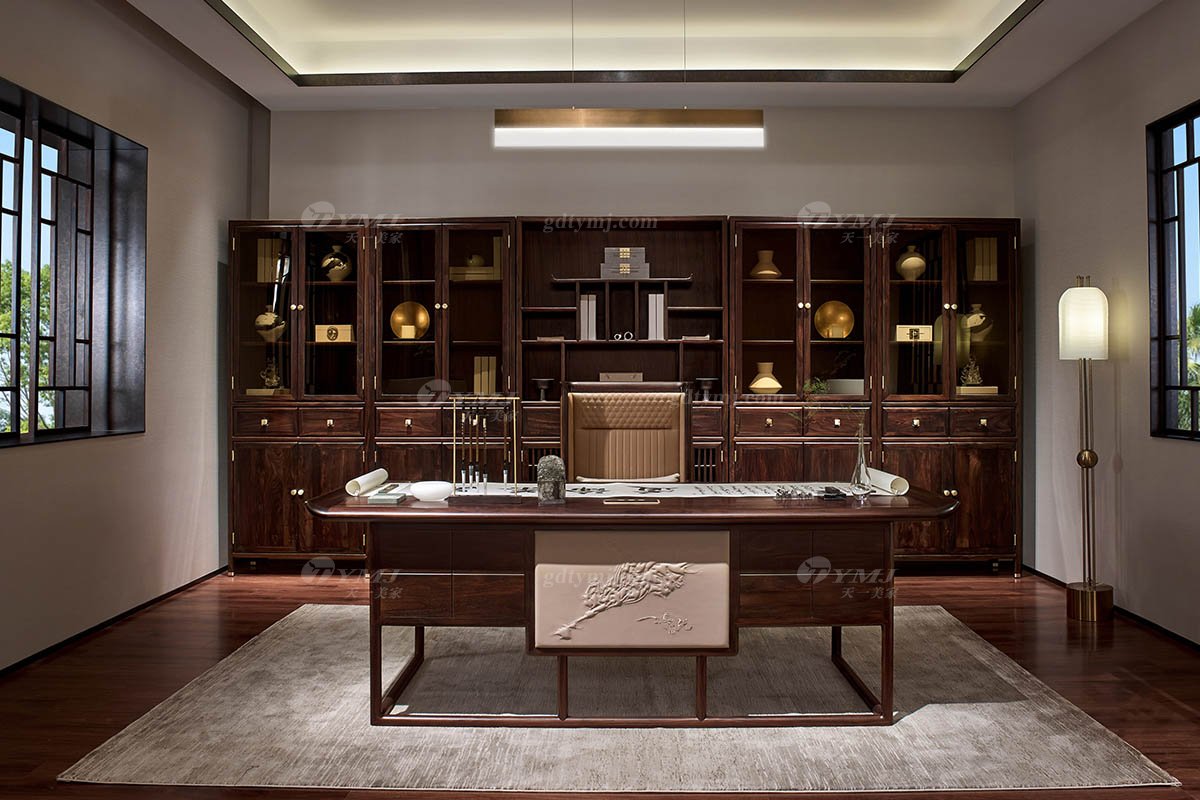 新中式高端會所別墅家用家具時尚輕奢全紅木黑酸枝實木大班臺班臺H-PDBT