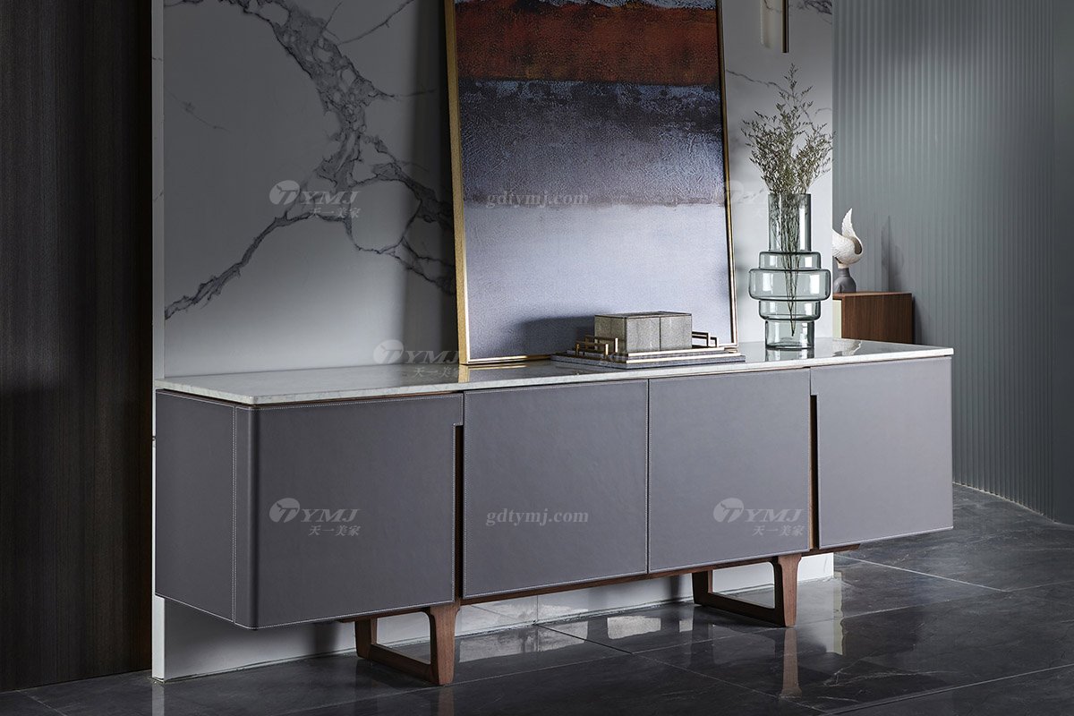 時尚輕奢家具品牌現代別墅家具馬鞍皮藝+大理石北美黑胡桃實木邊柜電視柜DF-01B邊柜