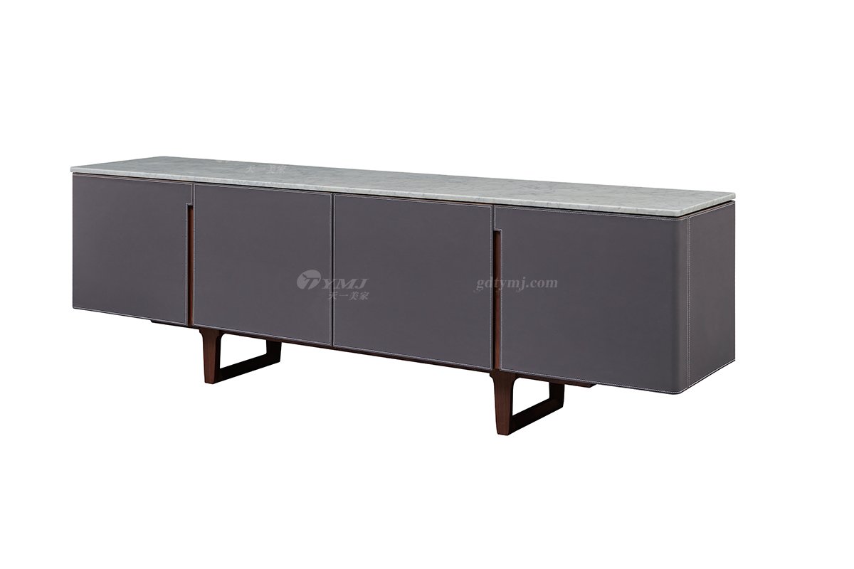 時尚輕奢家具品牌現代別墅家具馬鞍皮藝+大理石北美黑胡桃實木邊柜電視柜DF-01B-1邊柜