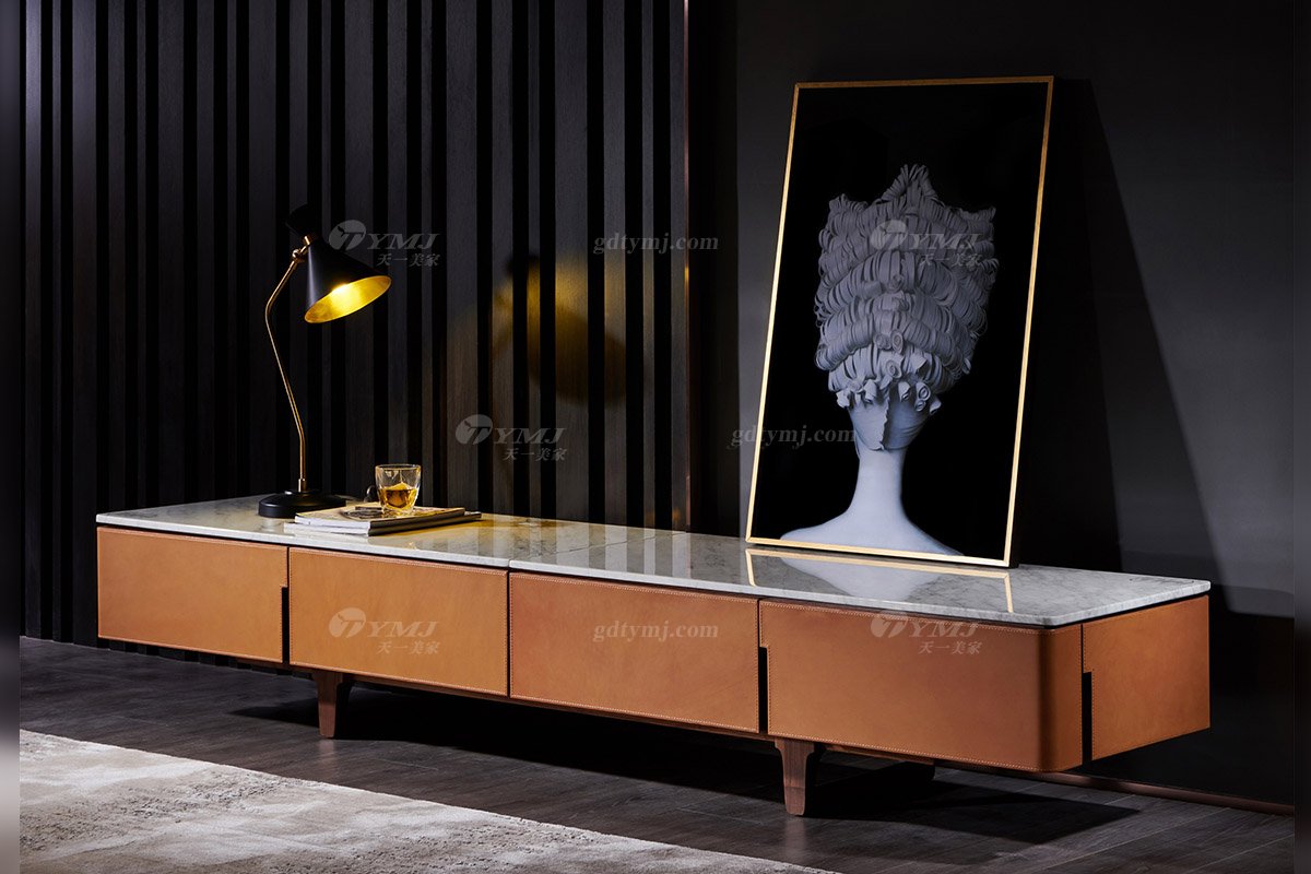 現代時尚輕奢家具別墅家具品牌客廳皮藝卡拉拉白大理石+北美黑胡桃實木電視柜DF-05B電視柜場景