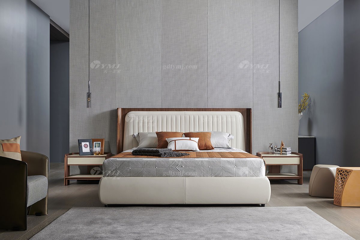 時(shí)尚輕奢家具現(xiàn)代別墅家具品牌臥室北美黑胡實(shí)木大床雙人床A-07床場景