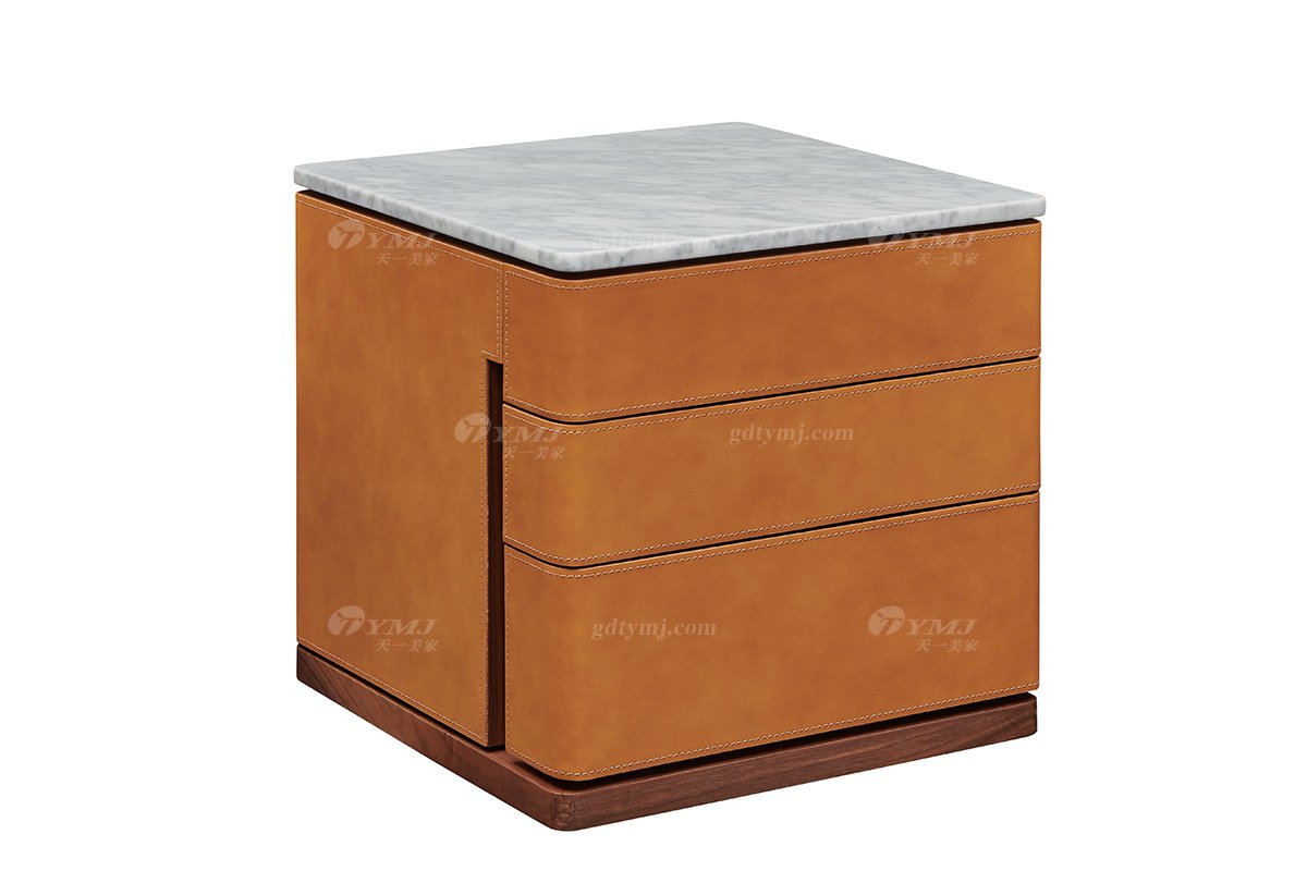 現(xiàn)在時(shí)尚輕奢別墅家具品牌高端臥室大理石皮藝+黑胡桃實(shí)木床頭柜B-01床頭柜1