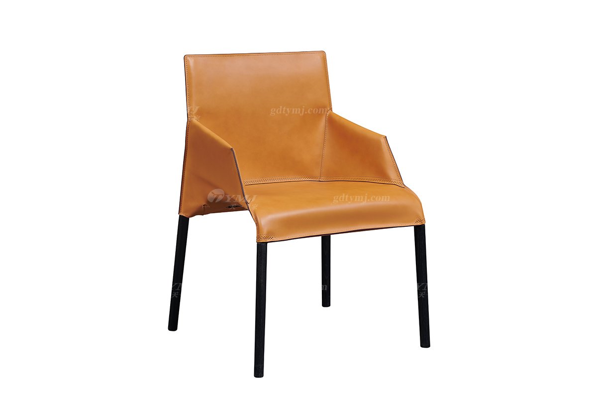 現代時尚輕奢高檔別墅豪宅家具品牌餐廳馬鞍皮白蠟實木餐椅餐椅2