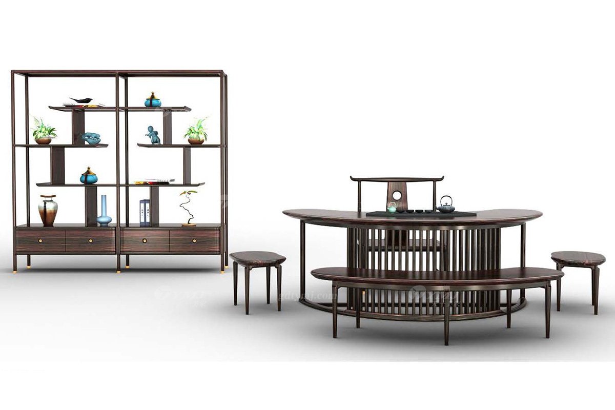 新中式家具風格品牌別墅會所家具高檔進口烏金木實木茶凳H-TDCZD -G茶凳組合