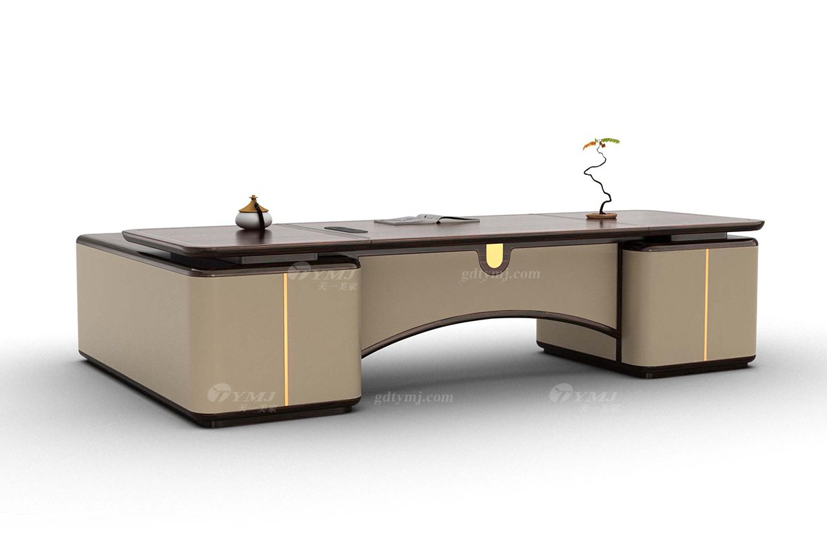 新中式家具風格品牌別墅會所家具大氣高端進口烏金木實木+優質皮藝大班臺H-GNBT32R班臺/右長副柜/烏金木