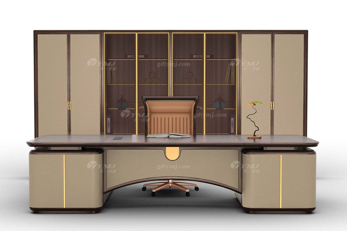 新中式家具風格品牌別墅會所家具大氣高端進口烏金木實木+優質皮藝大班臺H-GNBT32班臺場景