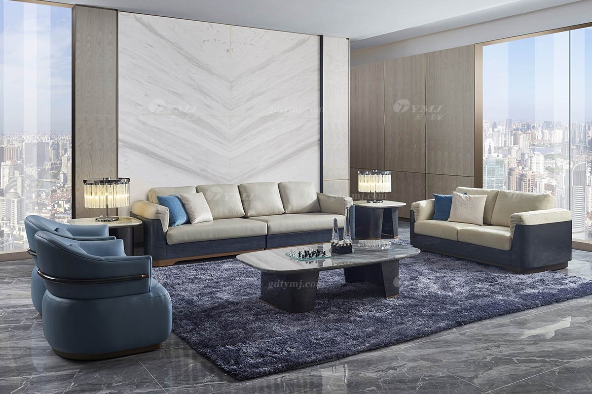 高端別墅豪宅家具星級酒店家具品牌后現代輕奢風格客廳真皮+金屬底四位沙發TX007-4四位沙發場景
