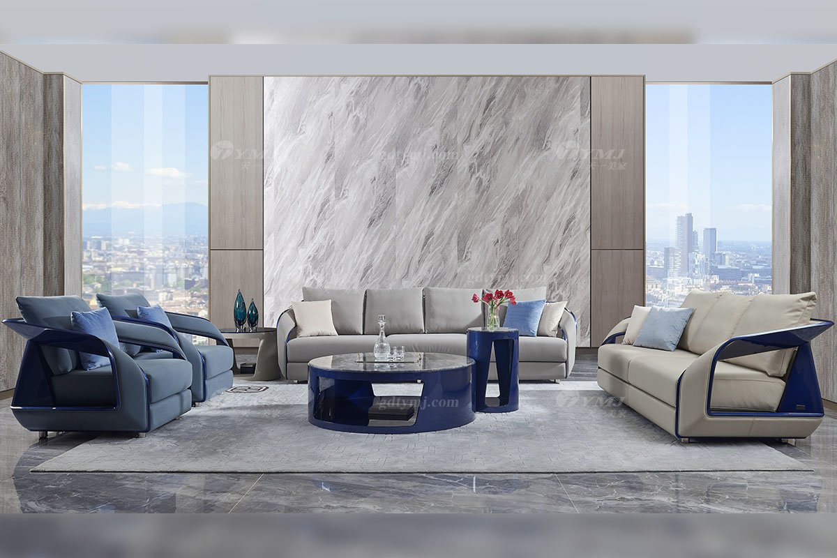 高端別墅豪宅家具星級酒店家具品牌后現代輕奢風格客廳時尚孔雀藍+魚肚灰石面茶幾TK758-120茶幾場景