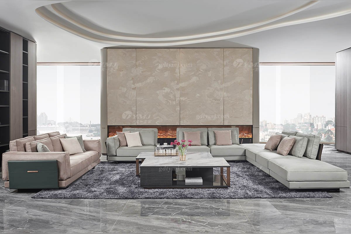 高端會所別墅大宅家具品牌后現代輕奢風格客廳大理石面+黑檀茶幾TK759-1長幾場景