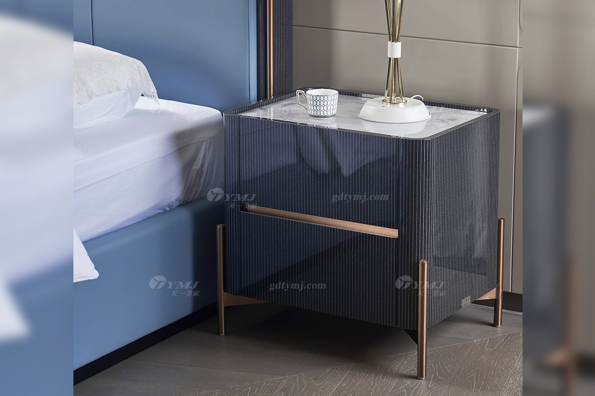 后現代輕奢風格家具高端會所別墅品牌家具時尚臥室大理石面+黑檀床頭柜