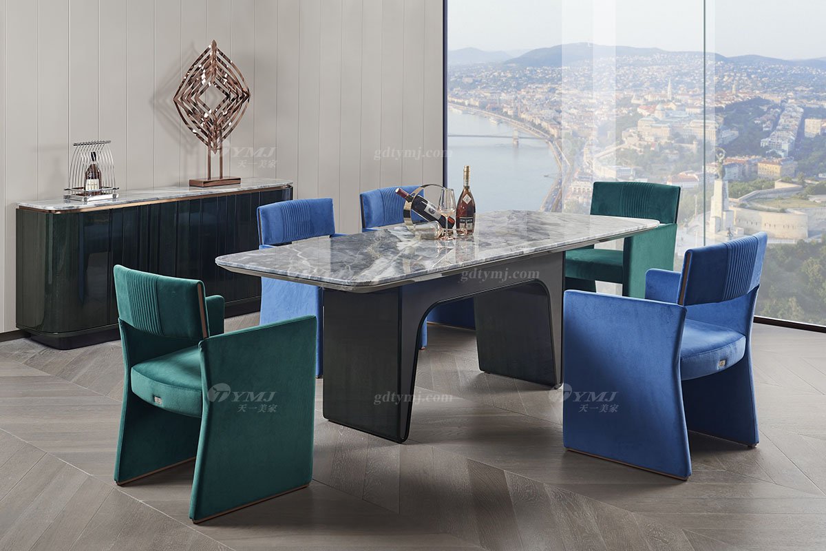 后現代輕奢風格家具高端會所別墅品牌家具時尚餐廳大理石面+尼斯莫蘭迪綠餐桌TC803-200餐桌場景