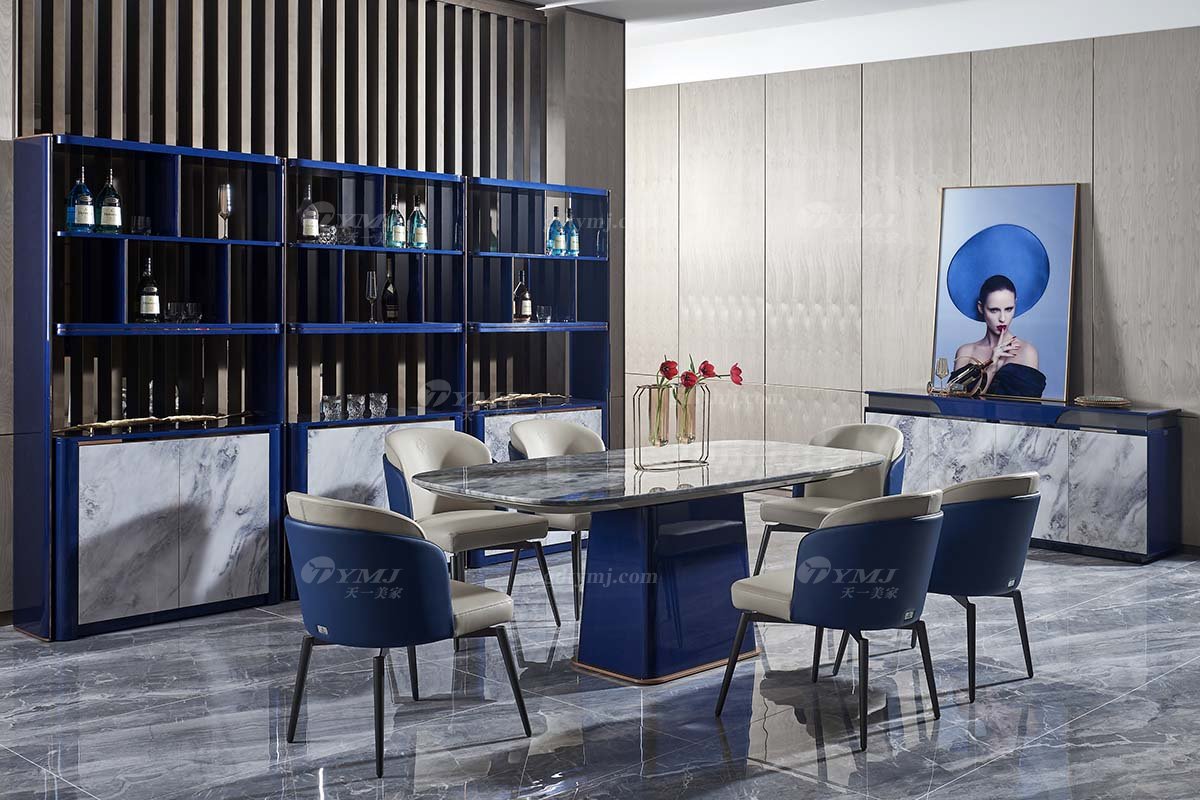 后現代輕奢風格家具高端會所別墅品牌家具時尚餐廳魚肚灰石面+孔雀藍餐桌餐臺TC808-200餐桌場景