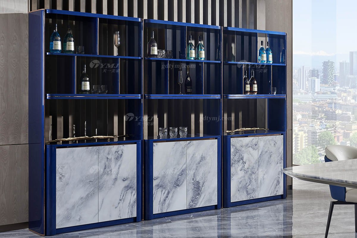 后現代輕奢風格家具高端會所別墅品牌家具時尚大氣餐廳大理石紋+孔雀藍六門