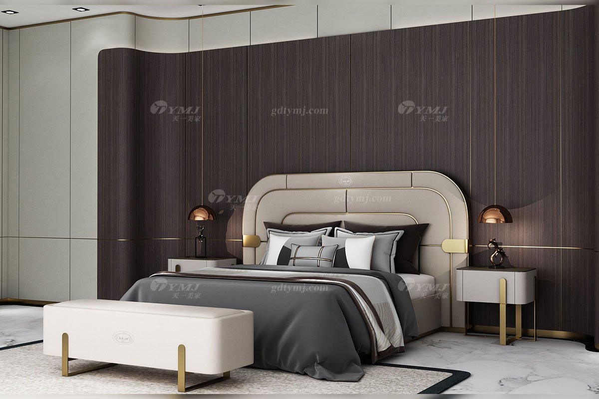 輕奢后現代風格家具高端會所別墅品牌家具時尚臥室真皮+玫瑰金屬大床CW248-081床場景