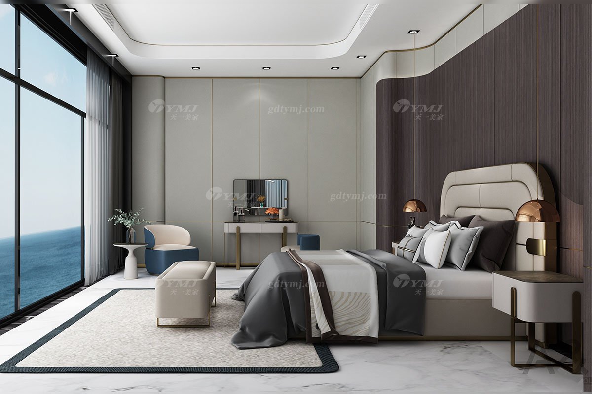 輕奢后現代風格家具高端會所別墅品牌家具時尚臥室真皮+玫瑰金屬大床CW248-081床場景1