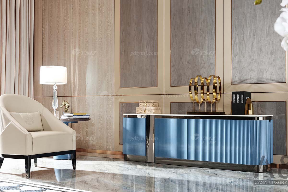 輕奢后現代風格家具高端會所別墅品牌家具時尚客廳魚肚白石面灰藍色電視柜CK627-002電視柜場景