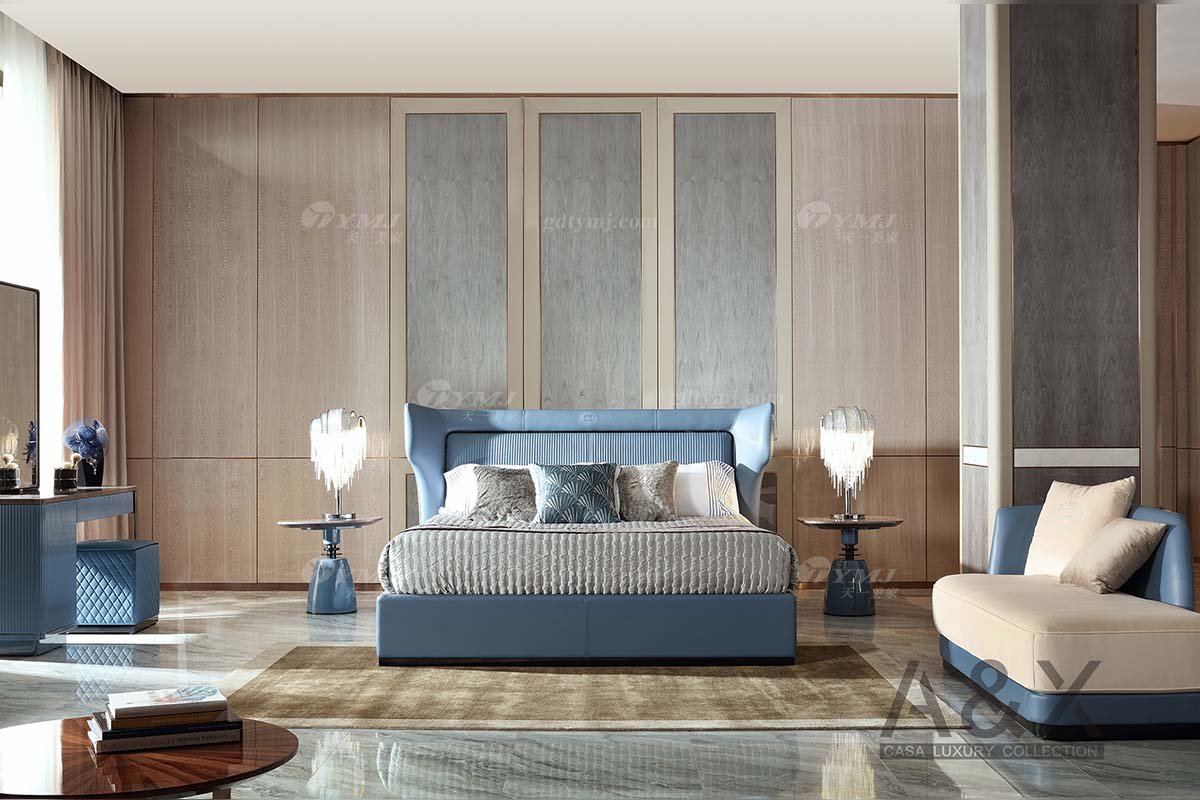 輕奢后現代風格家具高端會所別墅品牌家具臥室大氣藍色真皮+金屬大床CW241-081床場景
