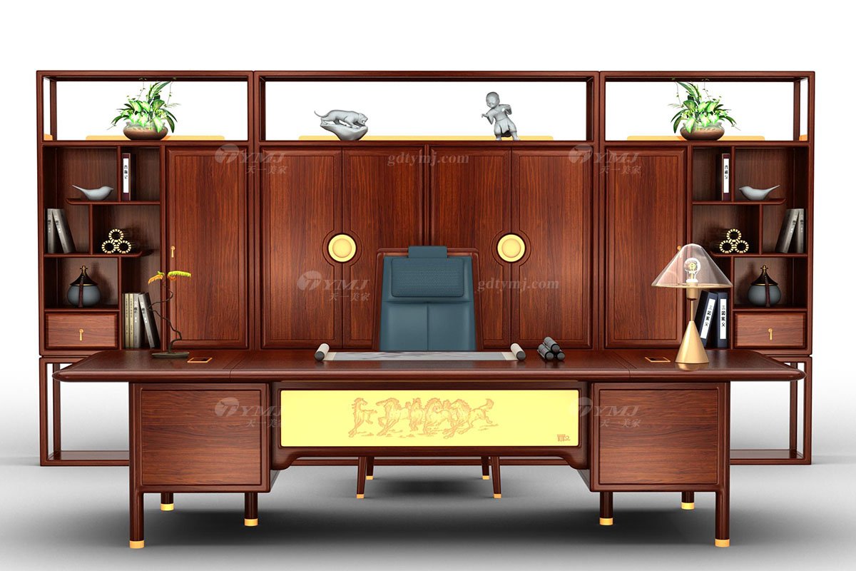 高端新中式辦公家具風格品牌家具簡約大氣安哥拉紫檀實木書柜文件柜組合馬到成功文件柜場景