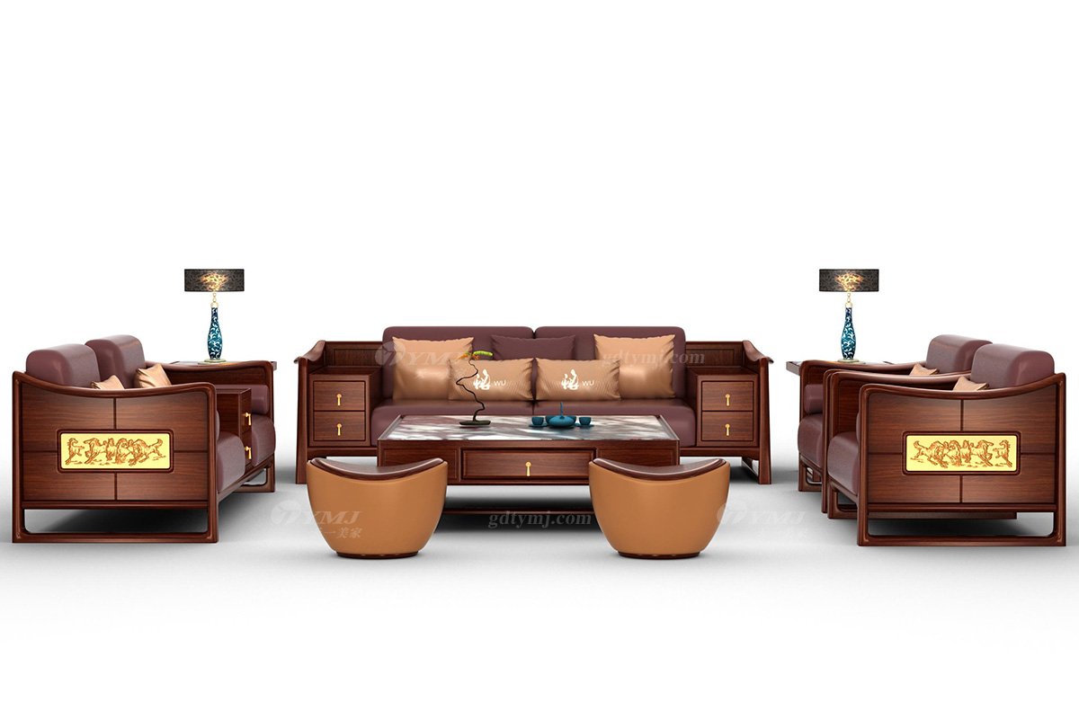 高端新中式辦公家具風(fēng)格品牌家具簡約安哥拉紫檀實(shí)木單位沙發(fā)馬到成功單位沙發(fā)場景