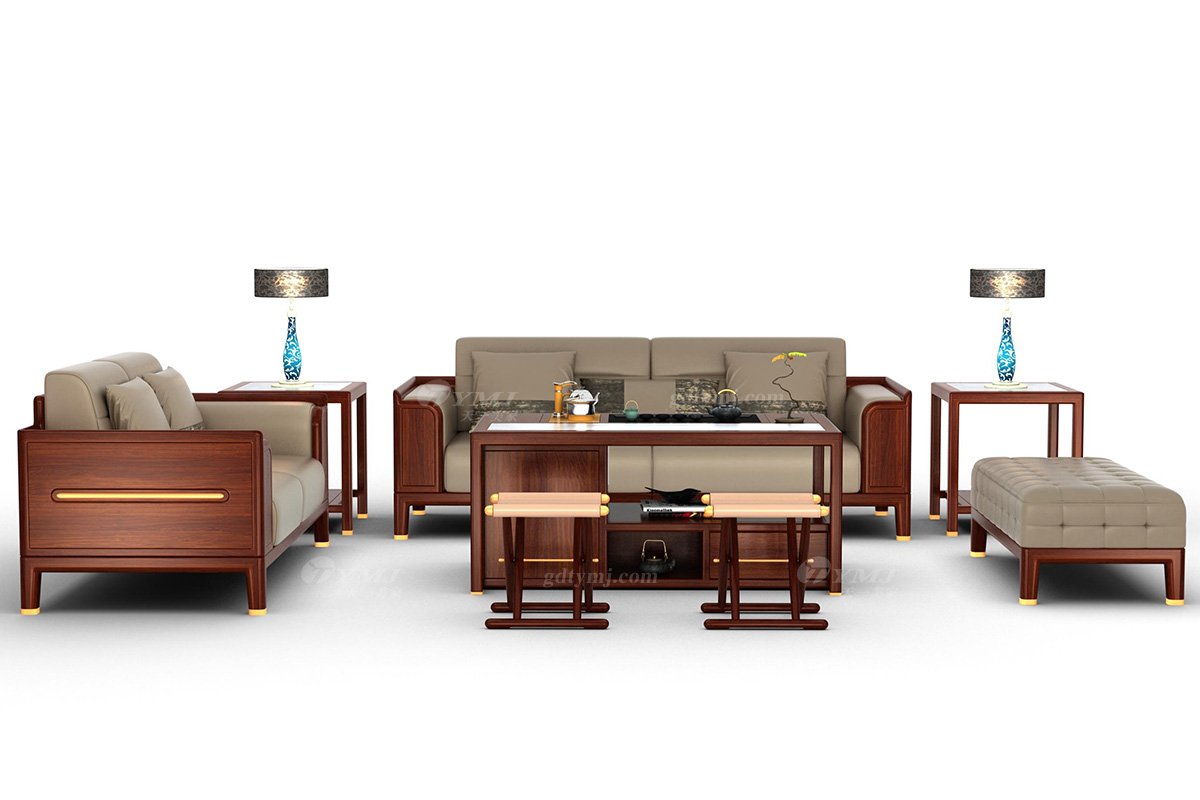 新中式辦公家具風格高端品牌家具簡約大氣實木刺猬紫檀大茶幾水到渠成茶幾場景