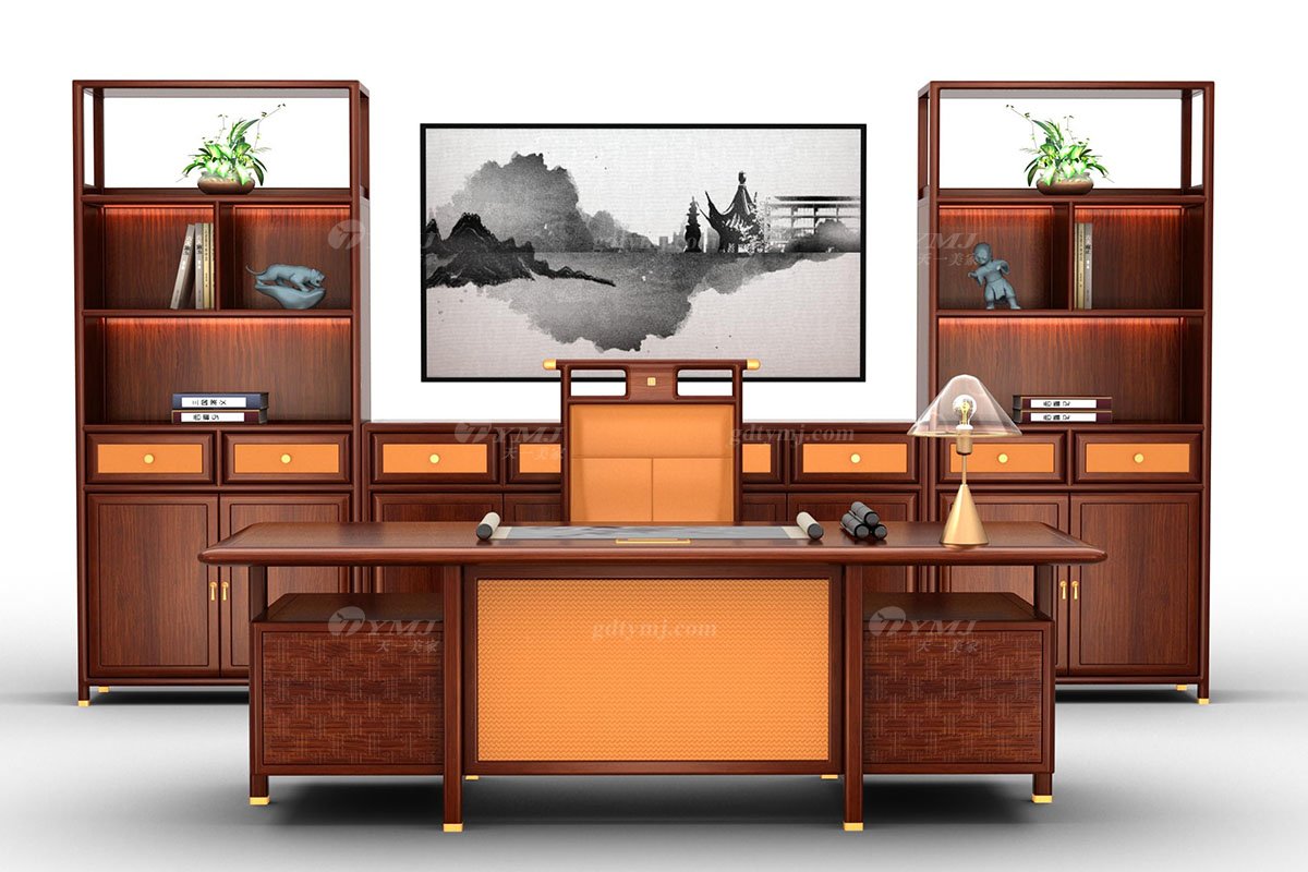 新中式辦公家具風格高端品牌家具簡約大氣實木刺猬紫檀書柜文件柜水墨江南文件柜組合場景