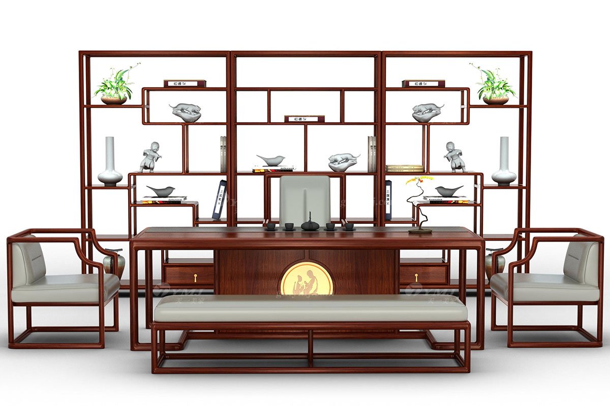 新中式辦公家具風格高端品牌家具簡約大氣實木紫檀茶臺水墨江南茶臺場景