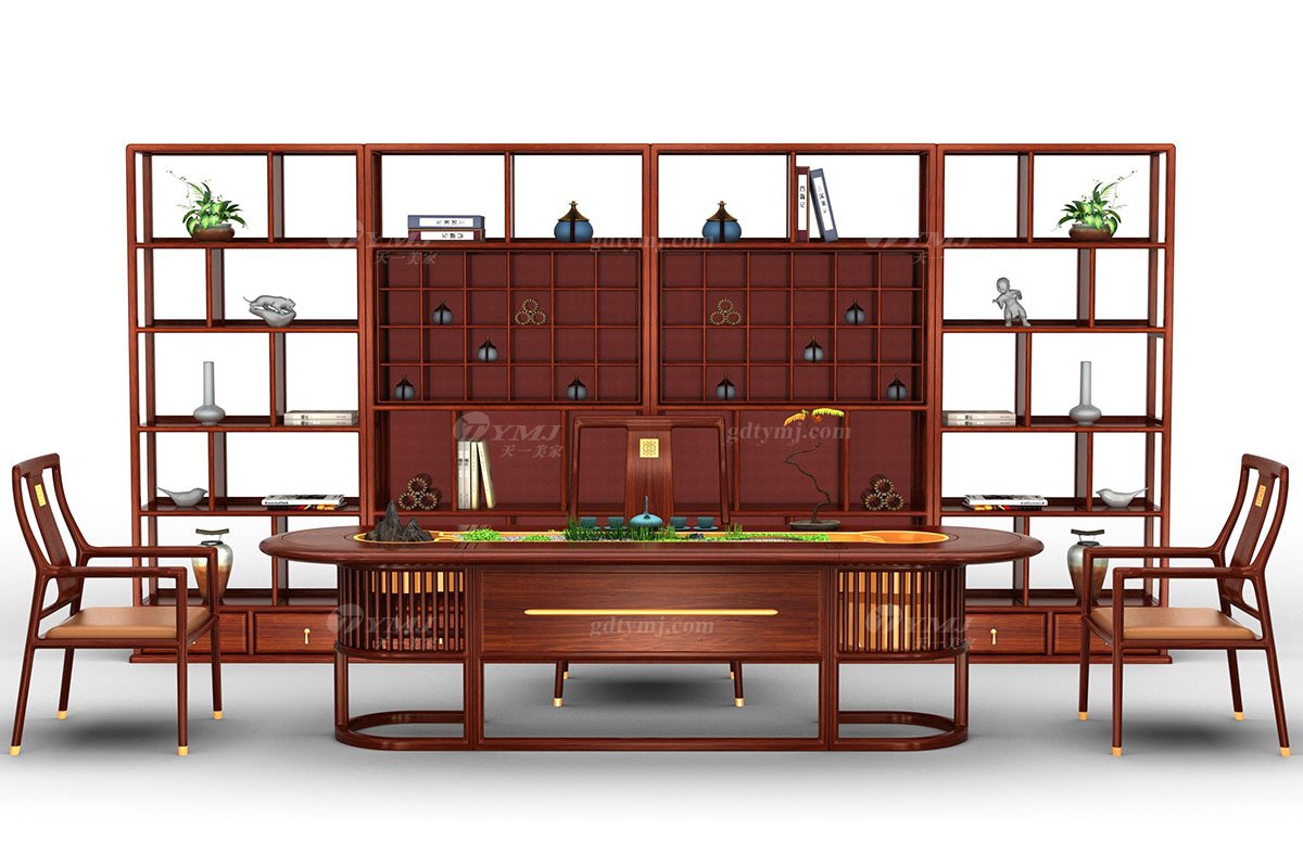 新中式辦公家具風格高端品牌家具簡約大氣實木刺猬紫檀大茶臺水到渠成大茶臺場景