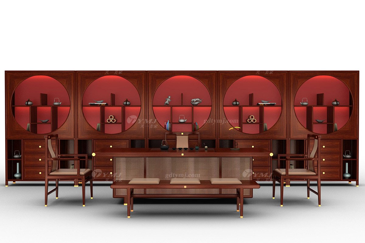 新中式辦公家具風(fēng)格高端品牌家具簡約時尚大氣實木刺猬紫檀大茶臺大展宏圖茶臺場景
