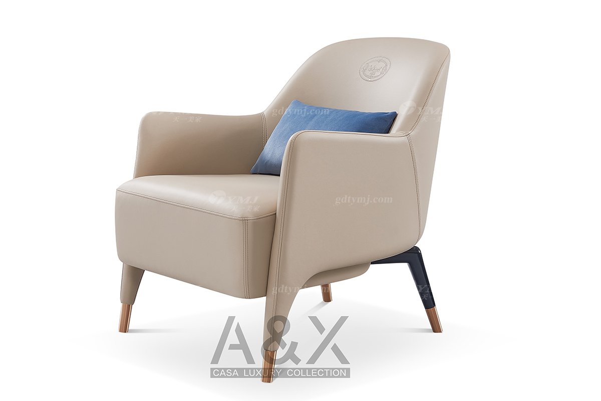 輕奢后現代風格家具高檔會所別墅家具品牌時尚皮布藝+玫瑰金拉絲休閑椅CK040椅子