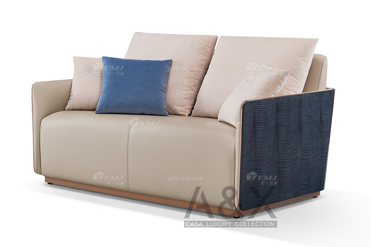 輕奢后現代風格家具高端會所別墅家具品牌時尚大氣皮藝+莫蘭迪蘭亮光二位沙發CX840-2兩位沙發1