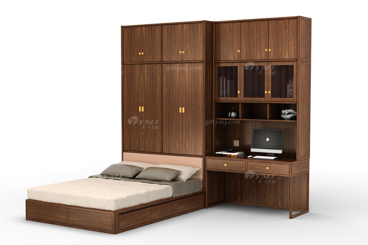 新中式風(fēng)格家具高端會(huì)所家具品牌簡(jiǎn)約風(fēng)格臥室實(shí)木衣柜床+書柜組合