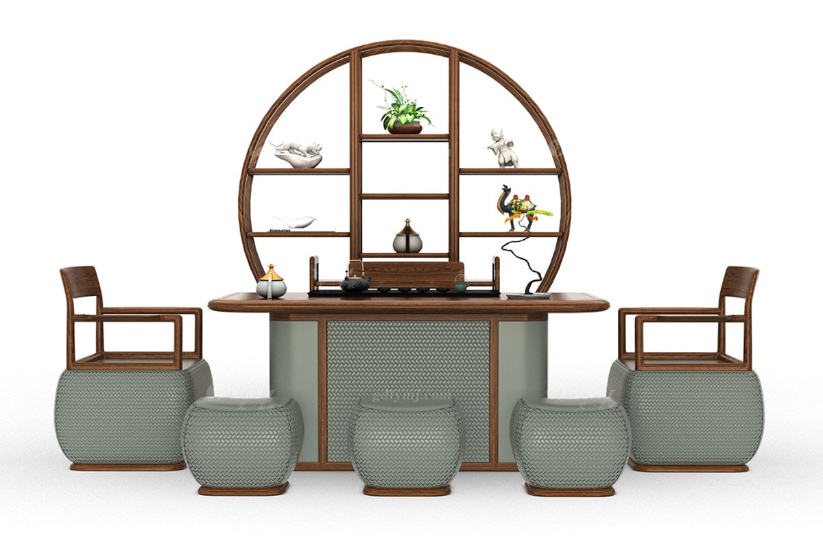 新中式風格家具高端會所家具品牌簡約茶室家具實木大氣博古架H-XYBJ博古架綠色場景