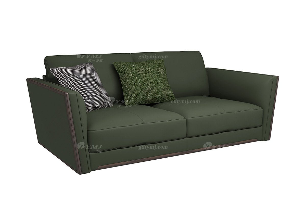 極簡風格家具別墅會所高級舒適實木進口黃牛皮綠色雙人位沙發