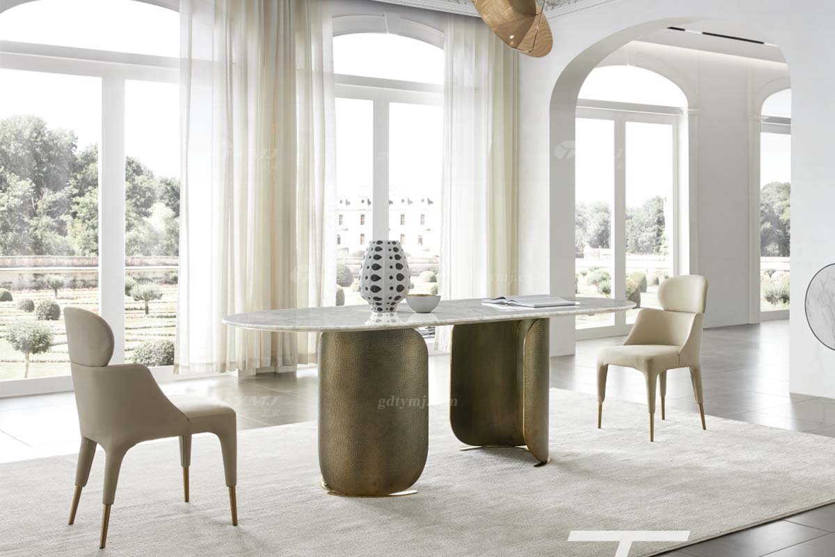 極簡(jiǎn)風(fēng)格家具高端別墅會(huì)所大宅簡(jiǎn)約天然大理石+不銹鋼青古銅長(zhǎng)餐桌WD608餐桌場(chǎng)景