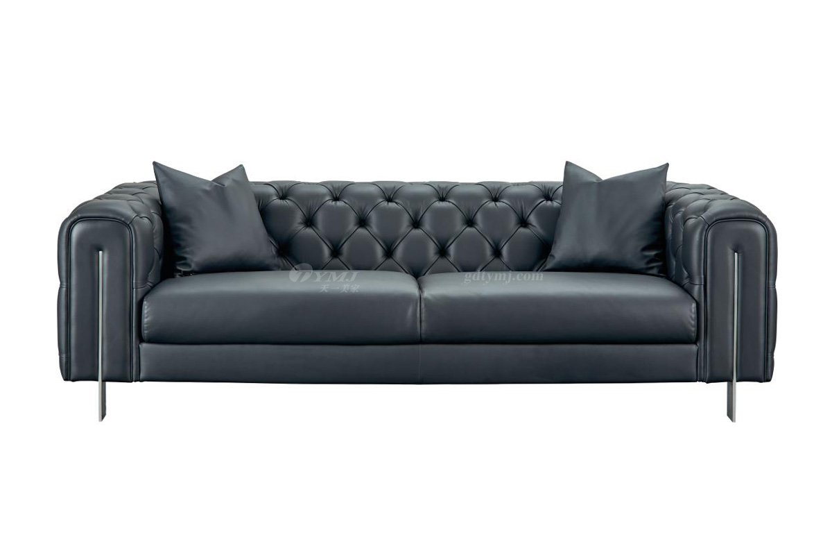 極簡風格家具高端別墅會所大宅簡約不銹鋼腳+深色半皮三位沙發