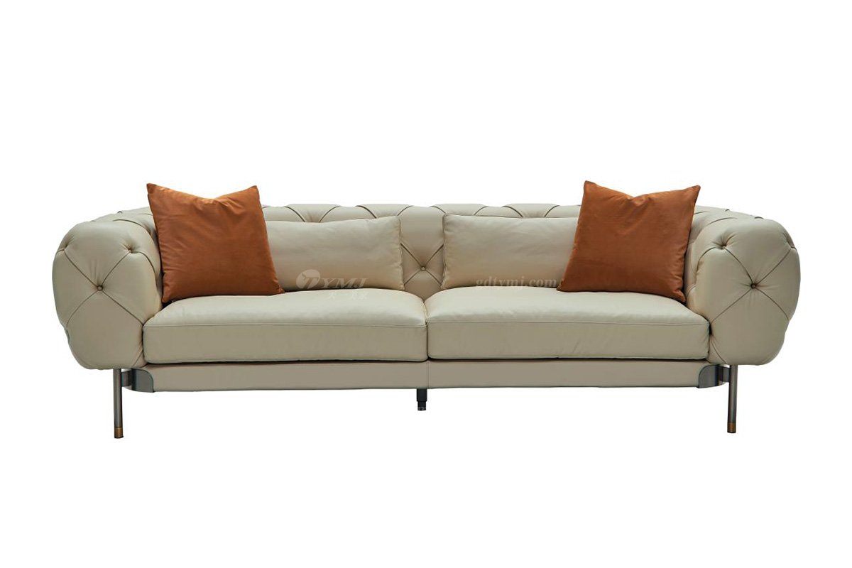 極簡風格家具高端別墅會所大宅時尚簡約實木米色半皮三位沙發(fā)