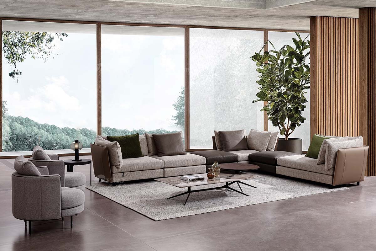 時(shí)尚高端現(xiàn)代極簡家具別墅大宅家用真皮布藝結(jié)合組合沙發(fā)F9535轉(zhuǎn)角沙發(fā)