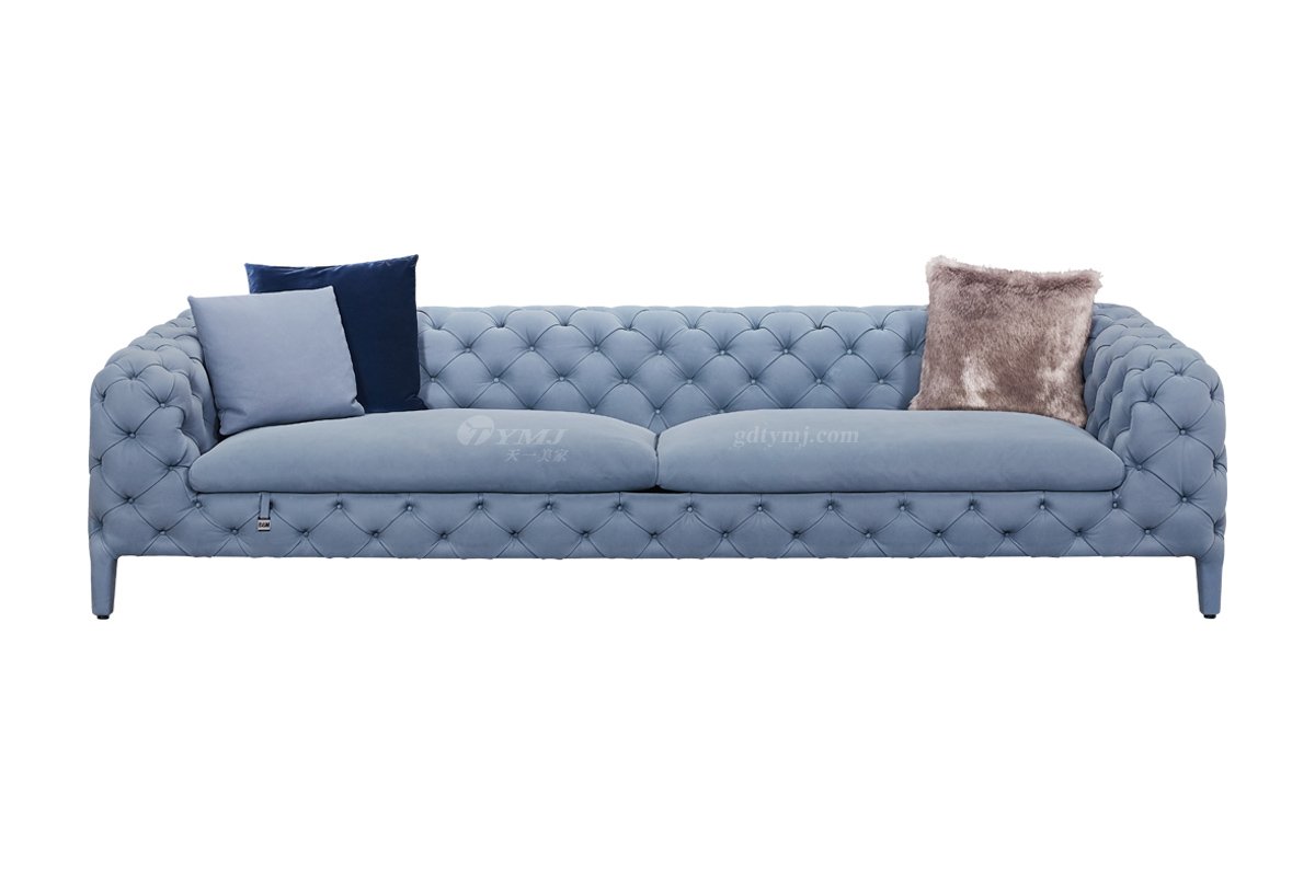 時(shí)尚高端現(xiàn)代極簡(jiǎn)家具別墅大宅大戶型舒適大氣藍(lán)色拉扣全皮三位沙發(fā)