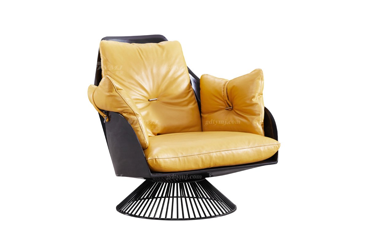 時尚高端現代簡約家具家用別墅舒適黃色真皮+玻璃鋼休閑椅